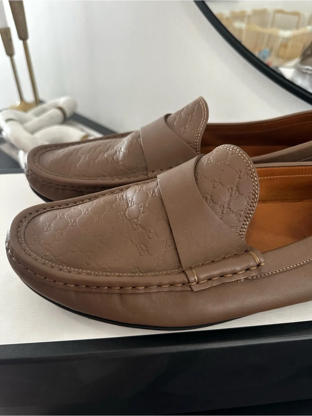 Gucci Brown Leather Embossed Penny Loafers